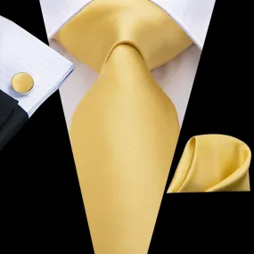 Hi-Tie Ties for Men Luxury Yellow Solid Necktie Hanky Cufflinks Set