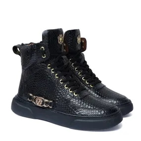 High-Top Black Sneaker in Snake Skin Textured Leather