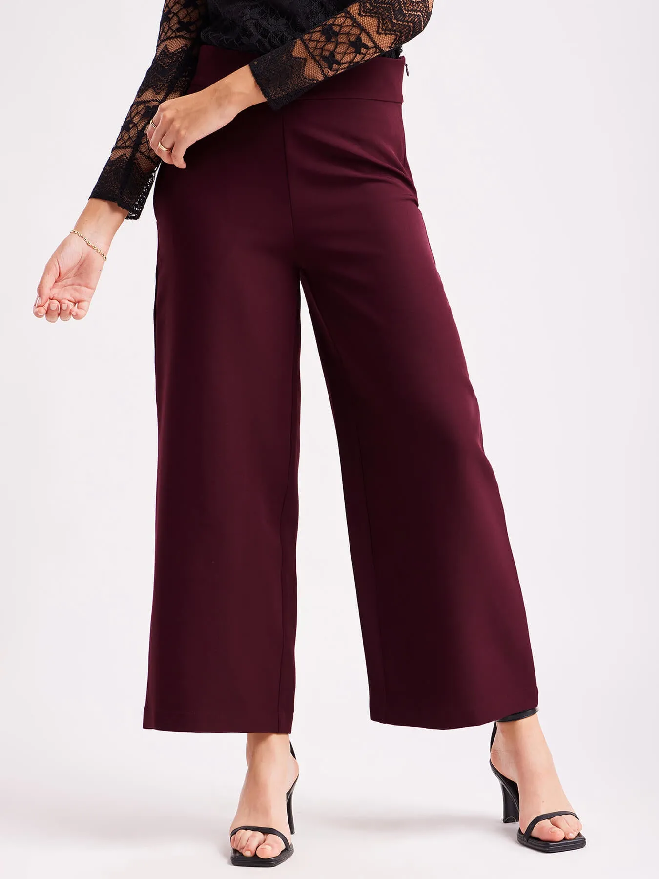 High Waist Wide Leg Trousers - Maroon