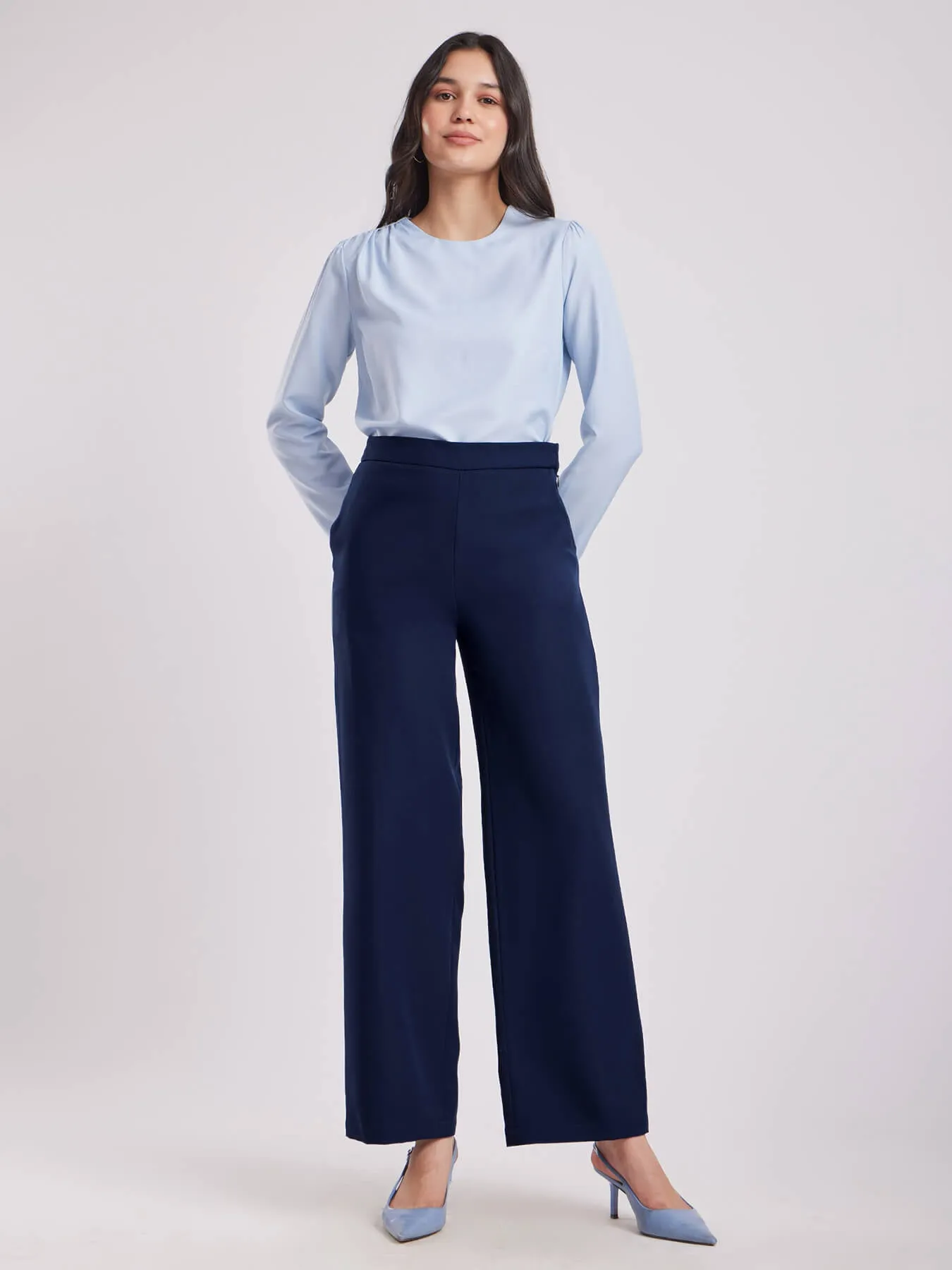 High Waist Wide Leg Trouserss - Navy