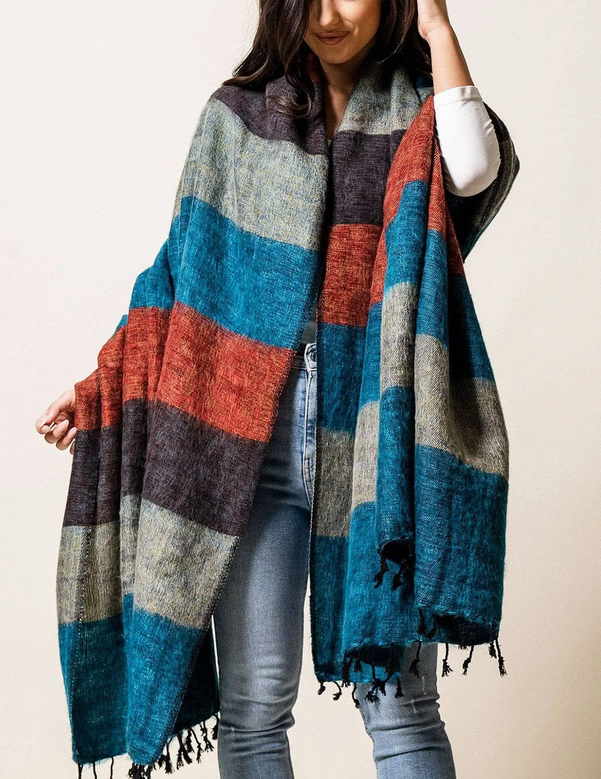 Himalayan Yak Wool Large Wrap - Turquoise Stripe