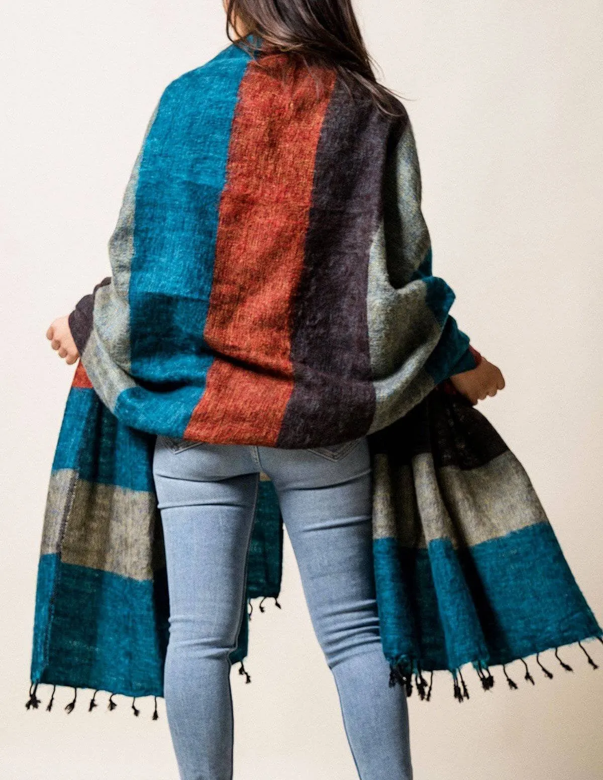 Himalayan Yak Wool Large Wrap - Turquoise Stripe