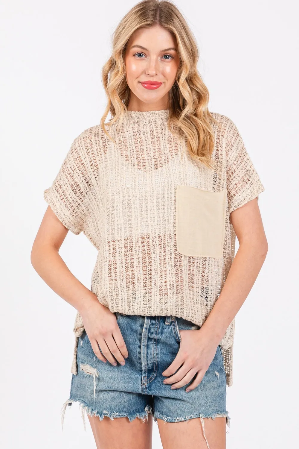 Hot Girl Ces Femme Crochet Mock Neck In Oatmeal Short Sleeve Top