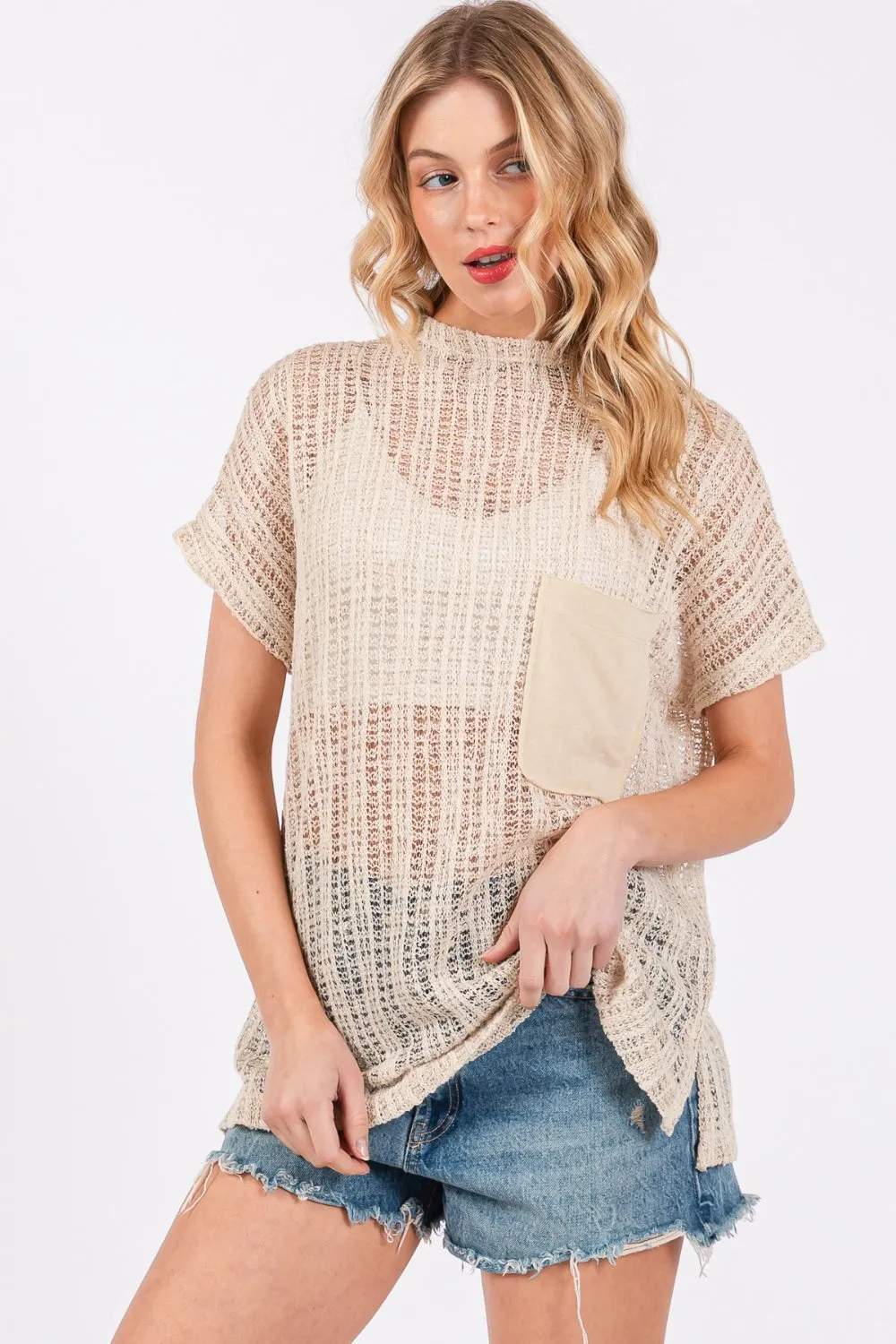 Hot Girl Ces Femme Crochet Mock Neck In Oatmeal Short Sleeve Top