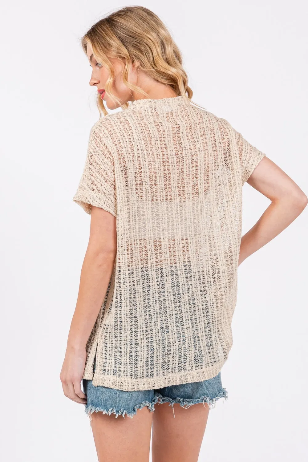 Hot Girl Ces Femme Crochet Mock Neck In Oatmeal Short Sleeve Top