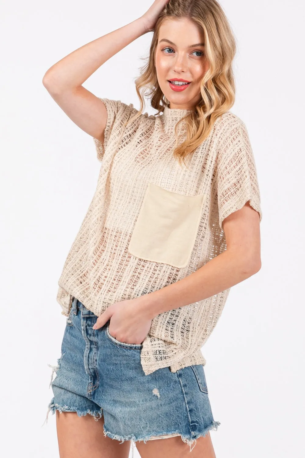 Hot Girl Ces Femme Crochet Mock Neck In Oatmeal Short Sleeve Top