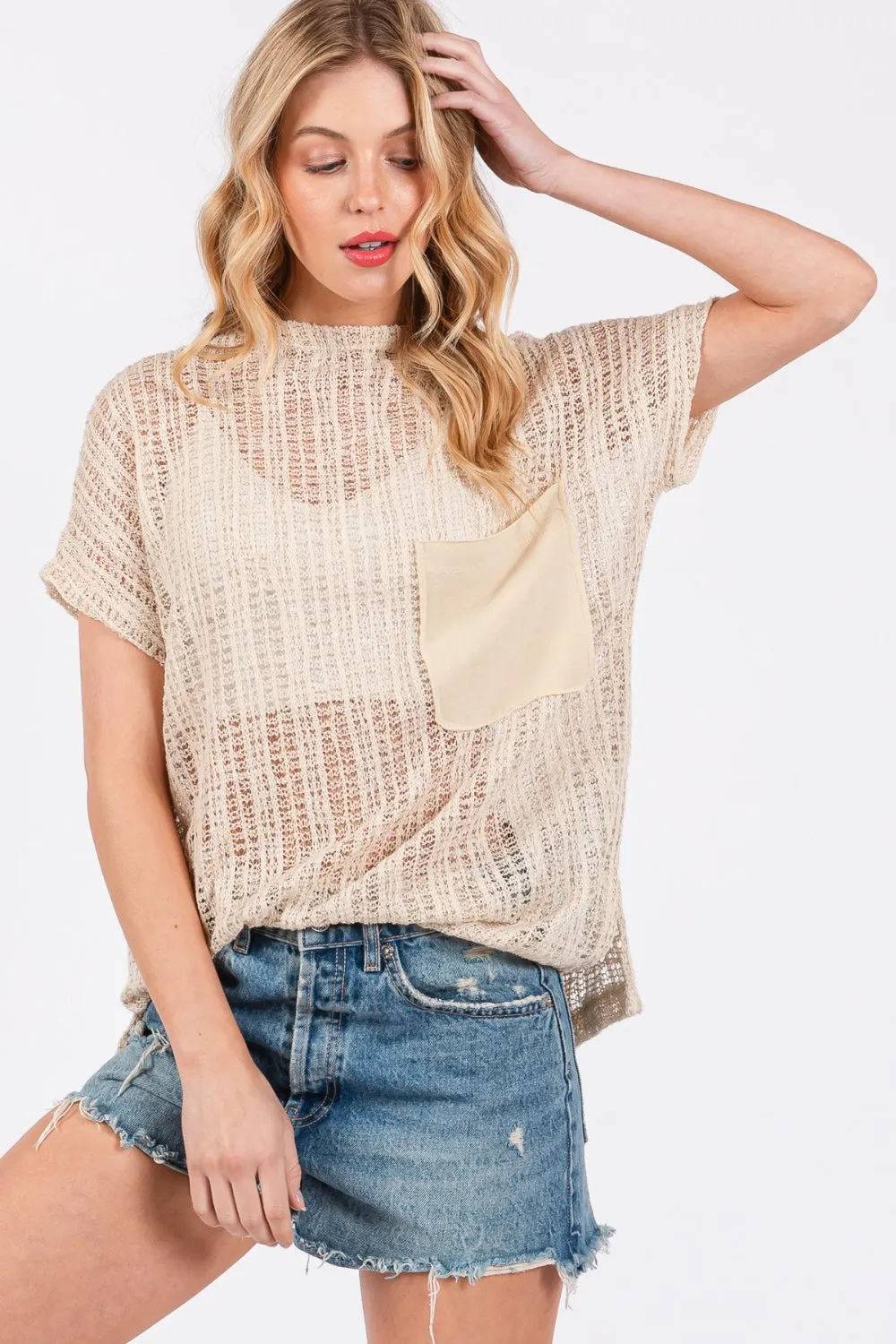 Hot Girl Ces Femme Crochet Mock Neck In Oatmeal Short Sleeve Top