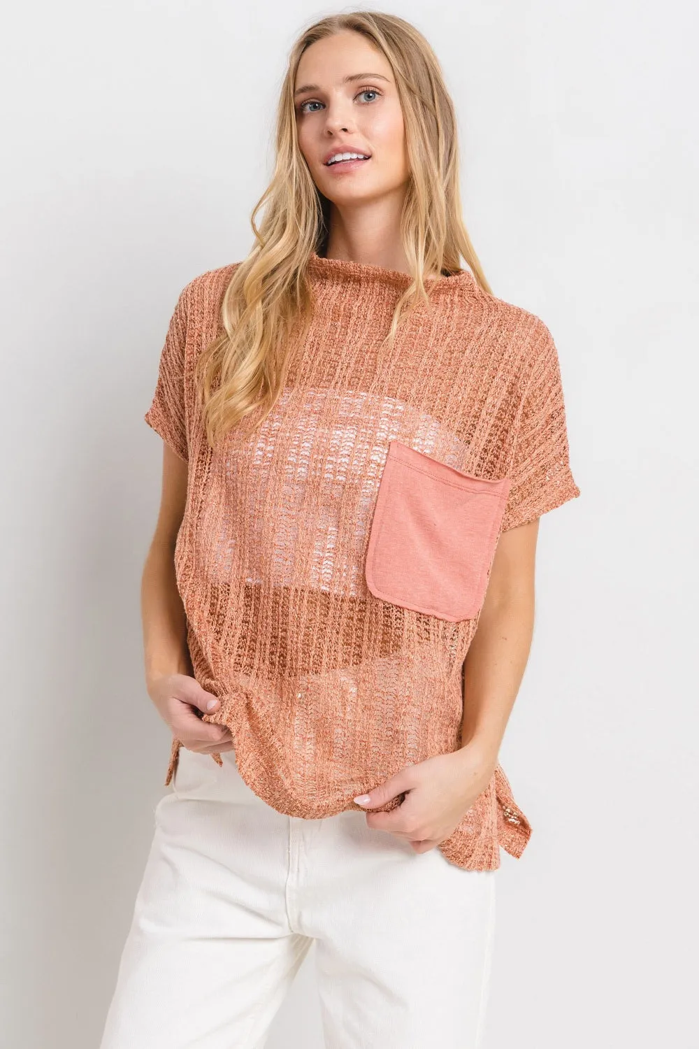 Hot Girl Ces Femme Crochet Mock Neck In Rust Short Sleeve Top