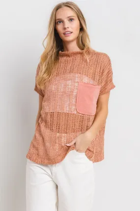 Hot Girl Ces Femme Crochet Mock Neck In Rust Short Sleeve Top