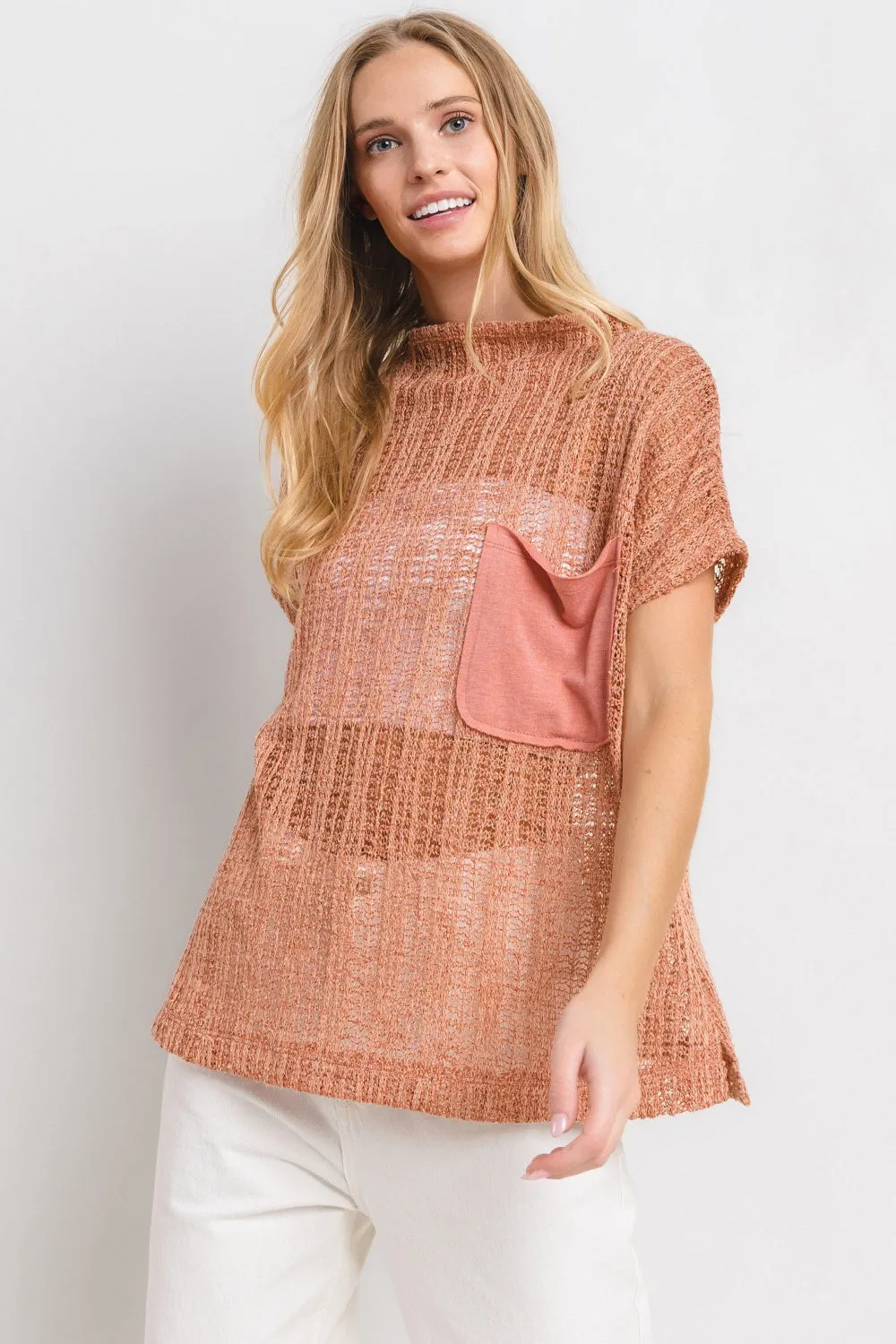 Hot Girl Ces Femme Crochet Mock Neck In Rust Short Sleeve Top