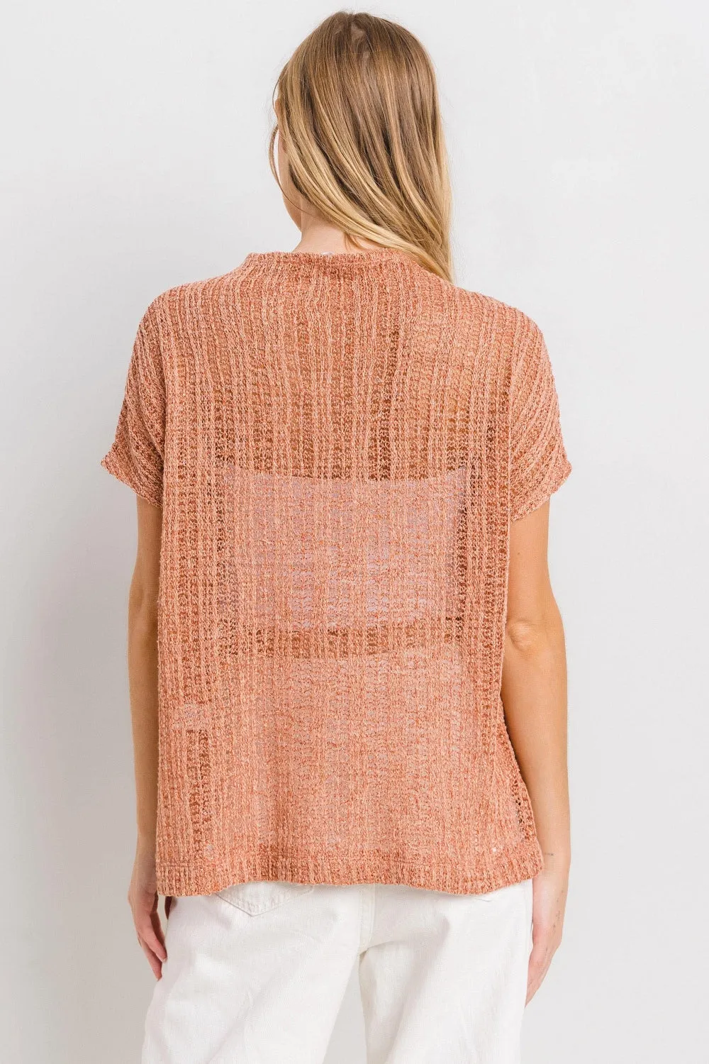 Hot Girl Ces Femme Crochet Mock Neck In Rust Short Sleeve Top