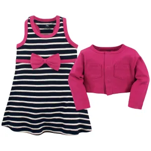 Hudson Baby Cotton Dress and Cardigan Set, Berry Navy