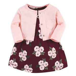 Hudson Baby Cotton Dress and Cardigan Set, Burgundy Floral