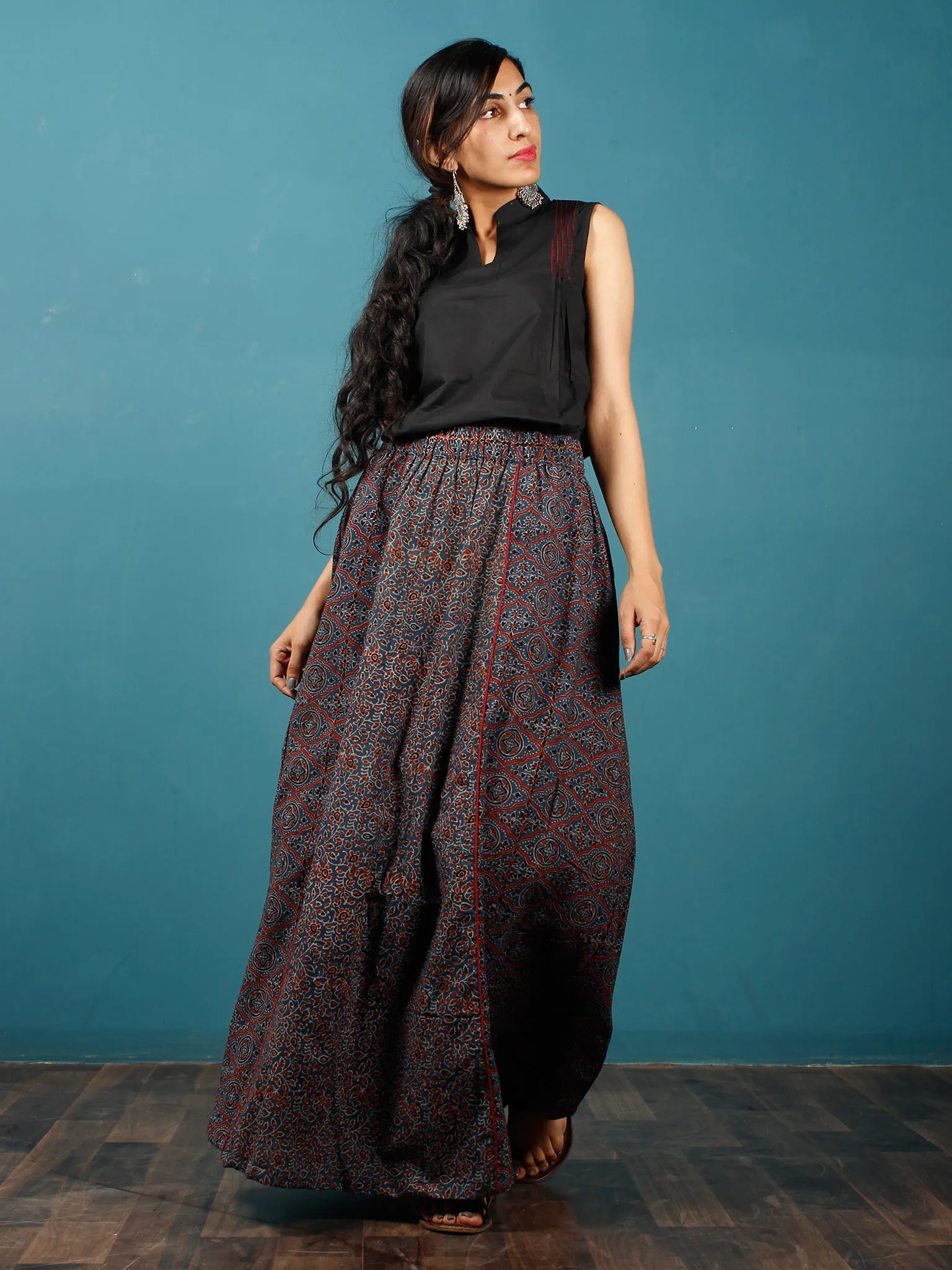 Indigo Black Maroon Beige Ajrakh Hand Block Printed Skirt  - S40F653