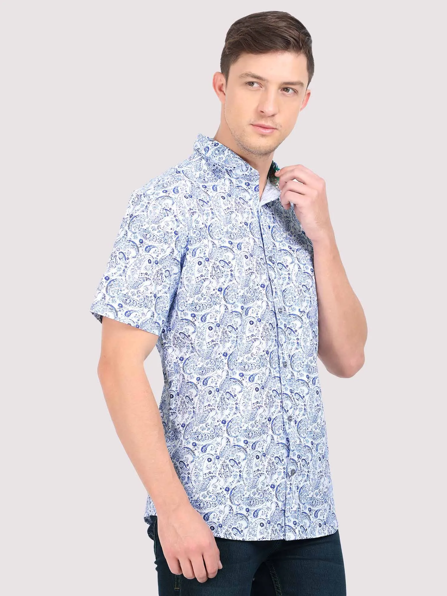 Indigo Paisley Digital Printed Half Shirt