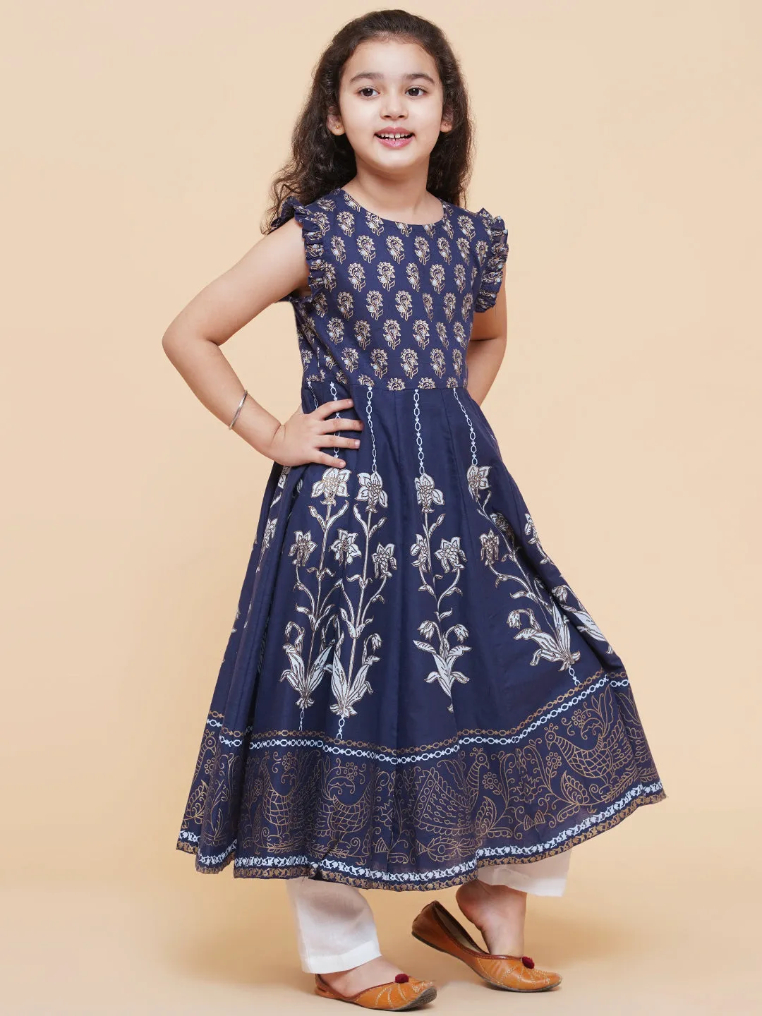 Jashvi Girls Blue Foil Printed Kurta With Trouser & With Duppta