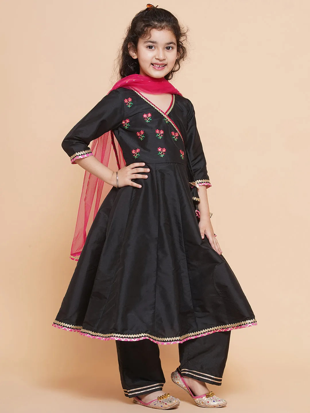 Jashvi Girls Embroidered Angrakha Kurta with Trousers & Dupatta