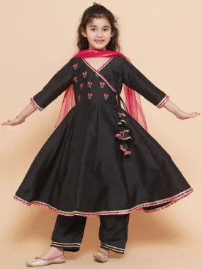 Jashvi Girls Embroidered Angrakha Kurta with Trousers & Dupatta