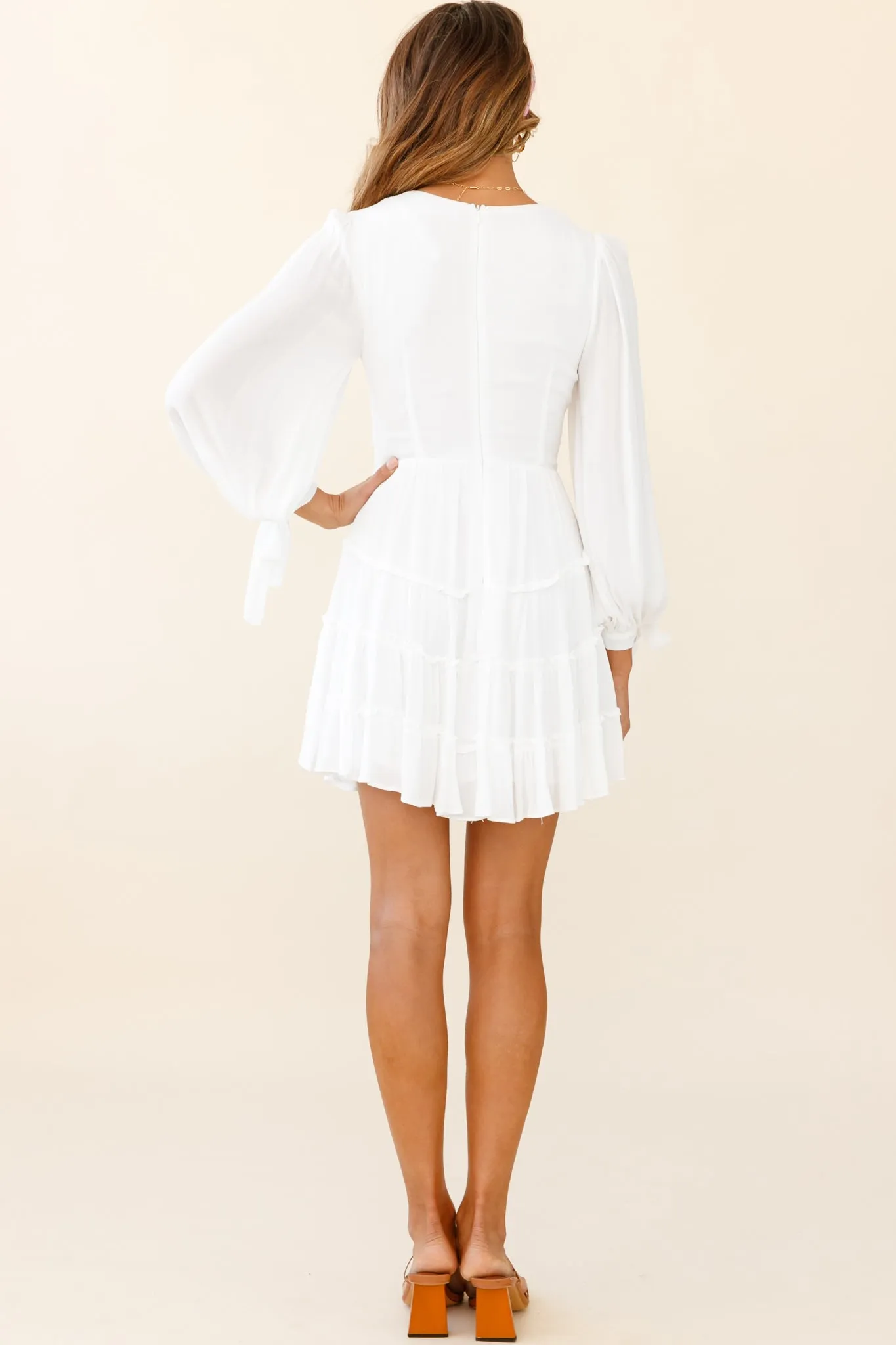 Jocelyn Long Sleeve Tied Cuff Frill Dress White