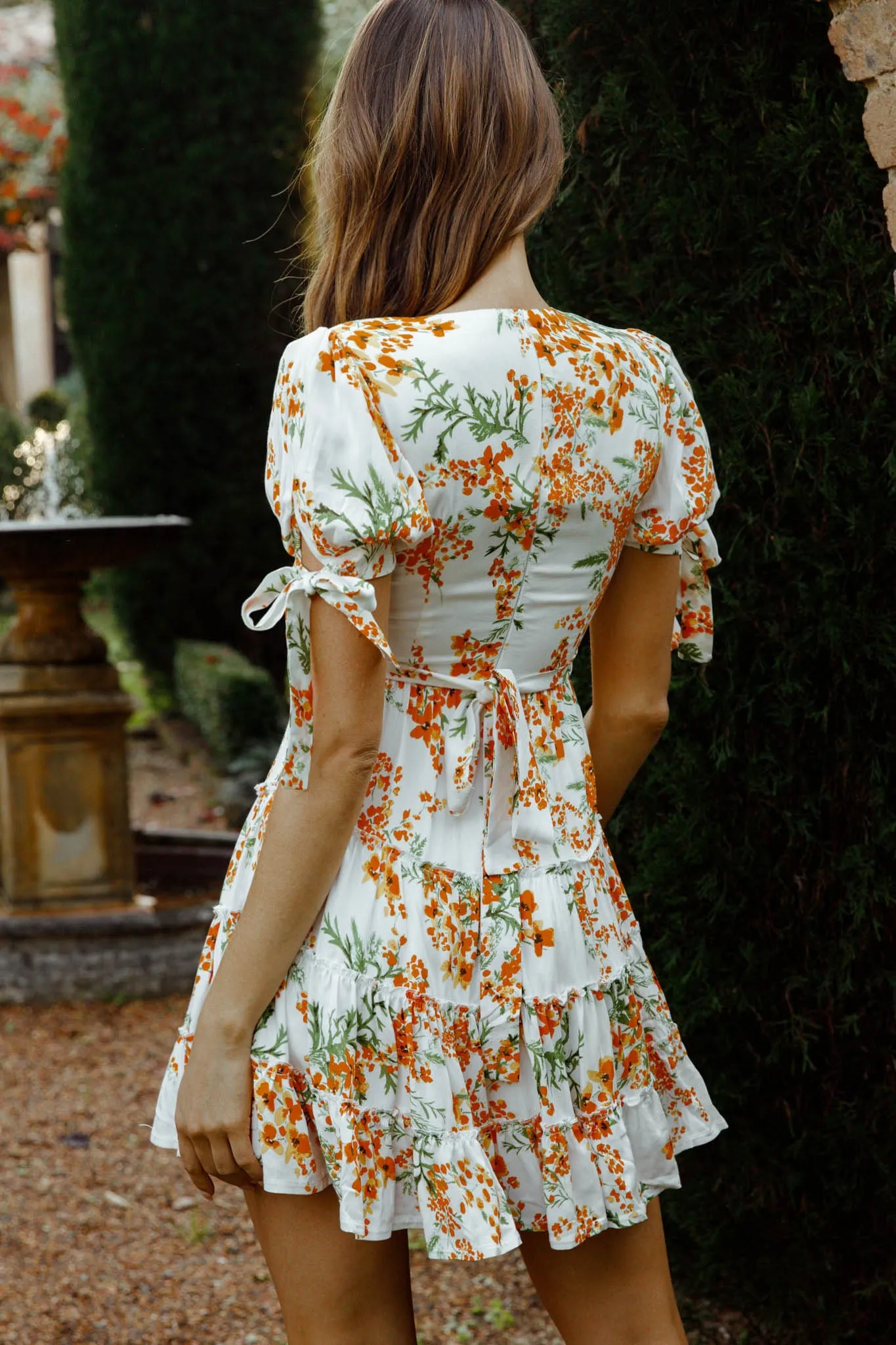 Jocelyn Short Sleeve Tied Cuff Layered Ruffle Dress Floral Print Orange Multi