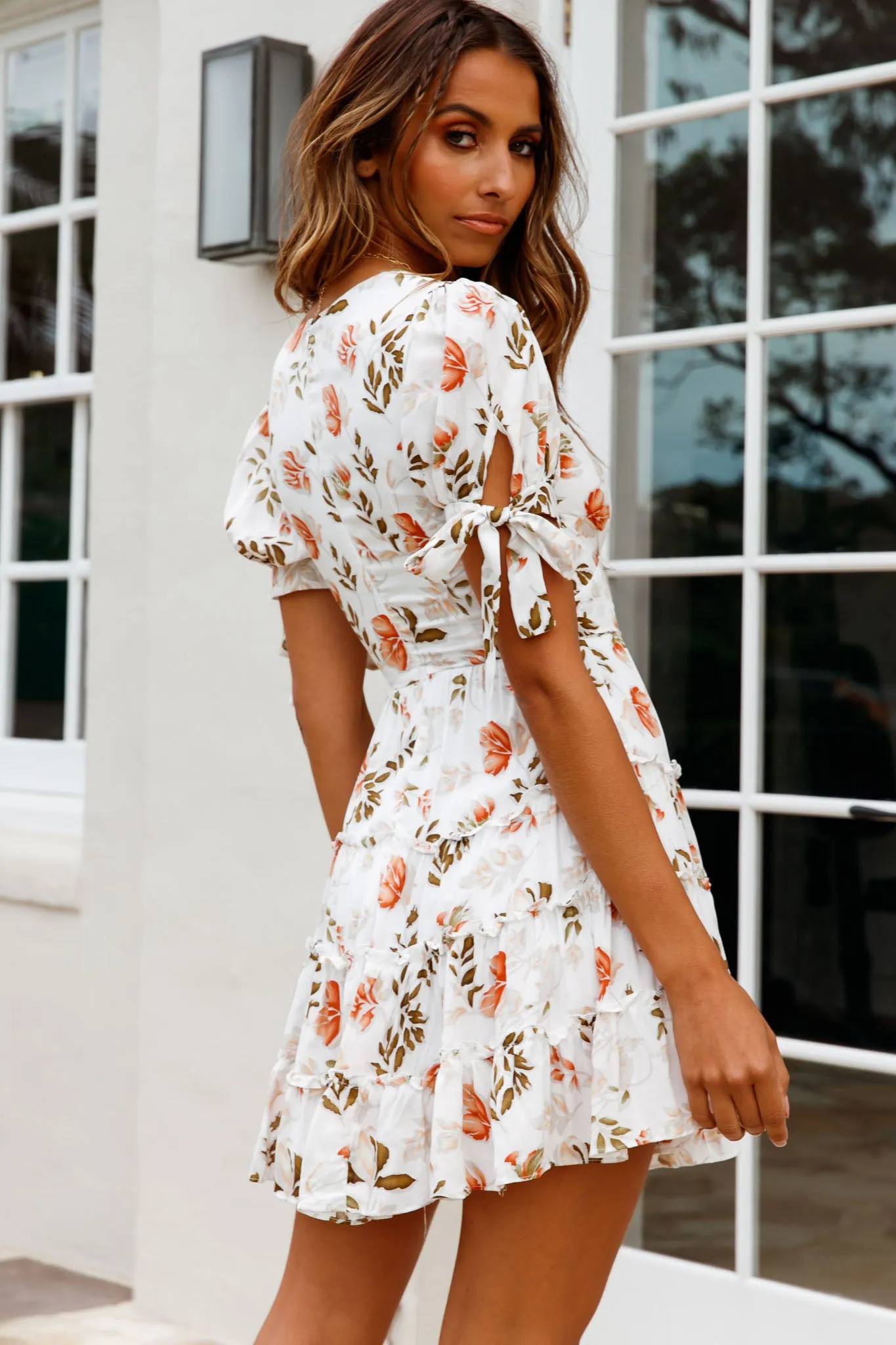 Jocelyn Short Sleeve Tied Cuff Layered Ruffle Dress Floral Print White