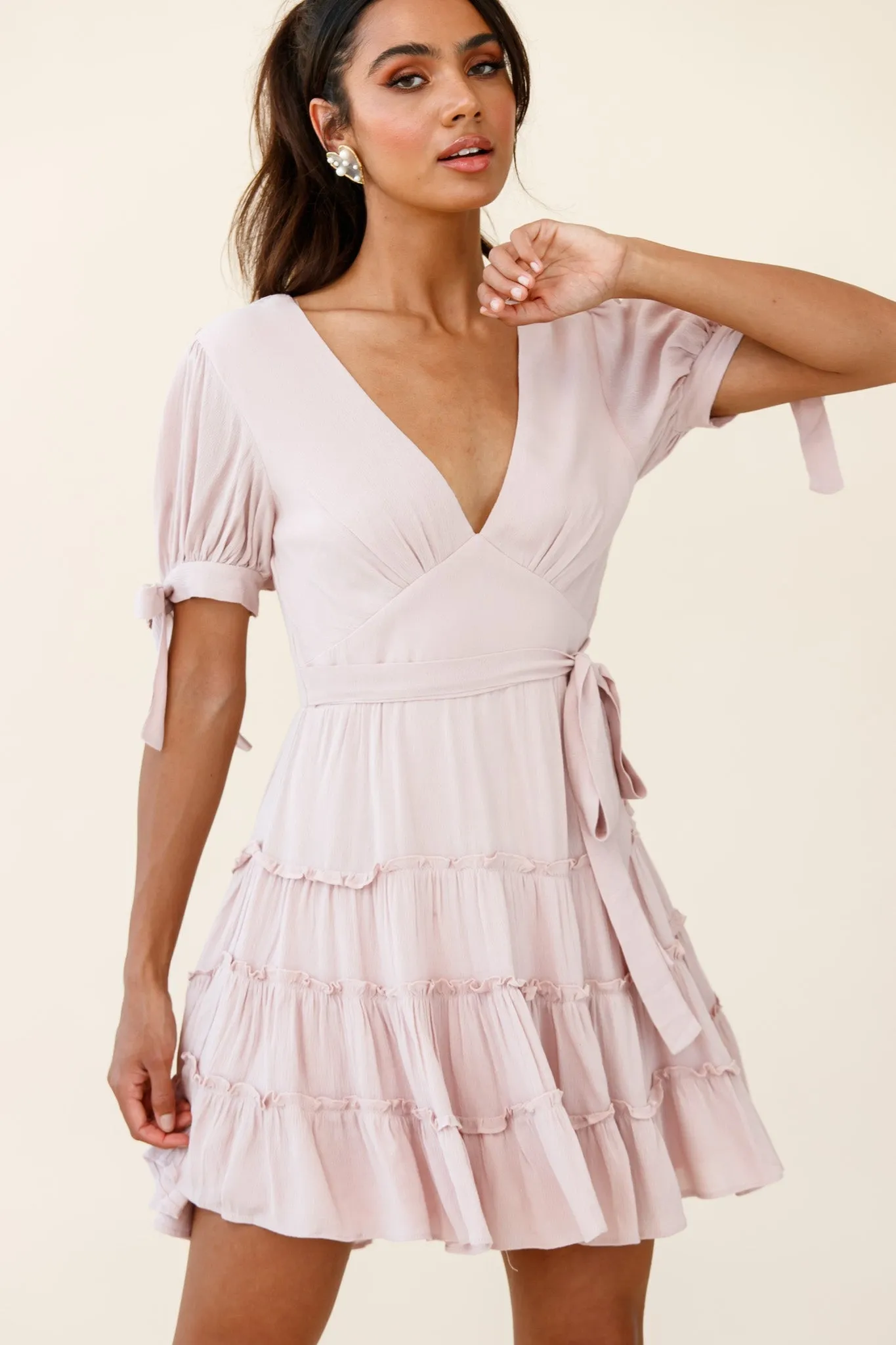 Jocelyn Short Sleeve Tied Cuff Layered Ruffle Dress Nude