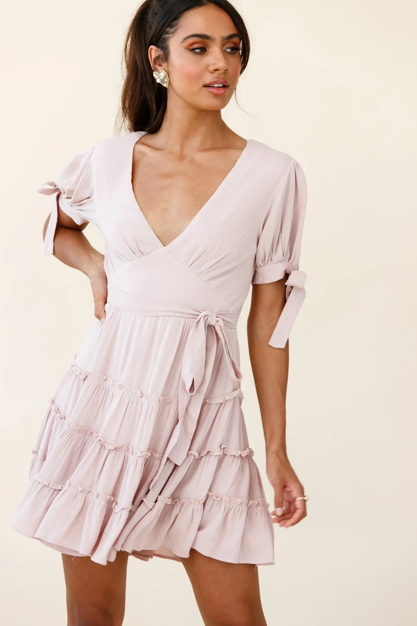 Jocelyn Short Sleeve Tied Cuff Layered Ruffle Dress Nude