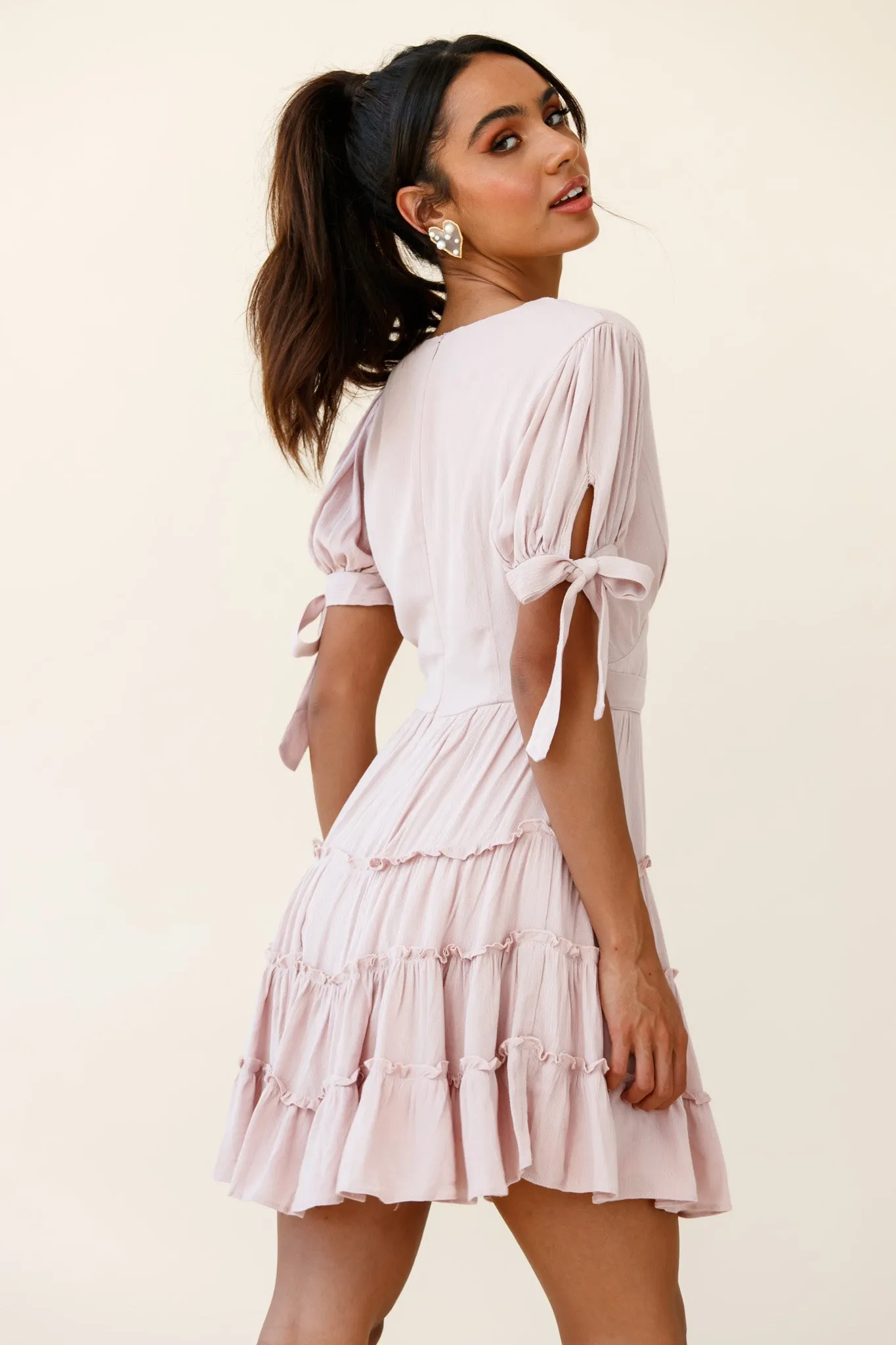 Jocelyn Short Sleeve Tied Cuff Layered Ruffle Dress Nude