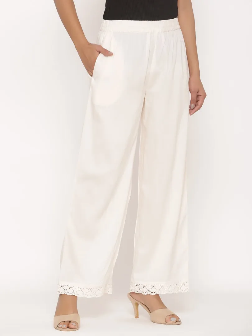 Juniper Ivory Solid Rayon Wide Leg Women Palazzo With One Pocket