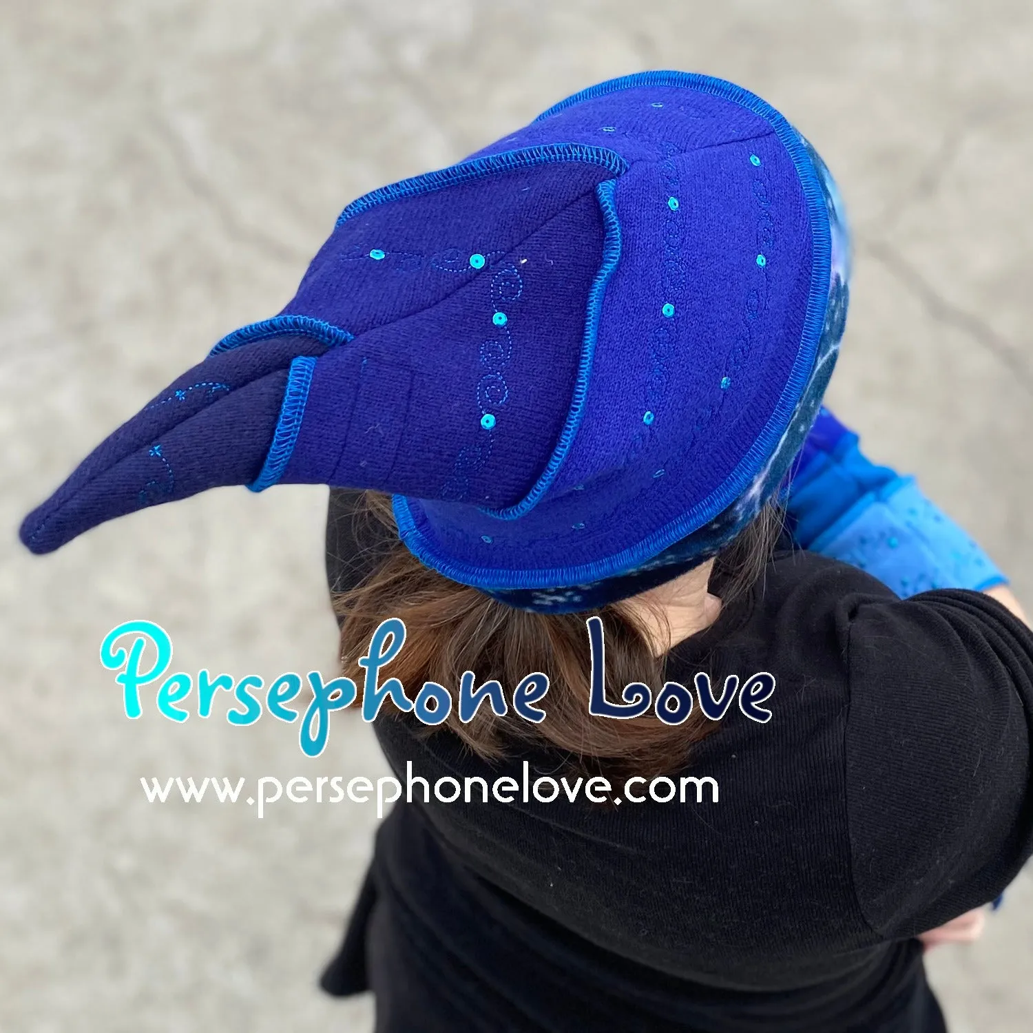 Katwise inspired blue felted embroidered galaxy pixie elf hat with sequins-1387