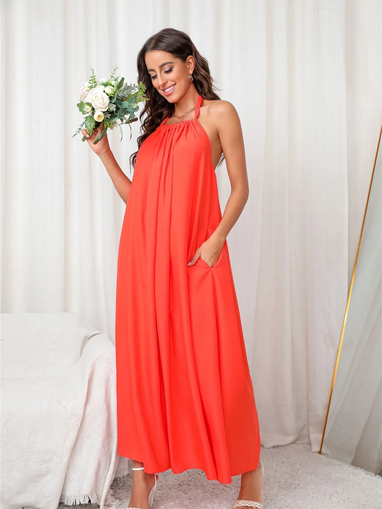 KittenAlarm - Backless Halter Maxi Dress