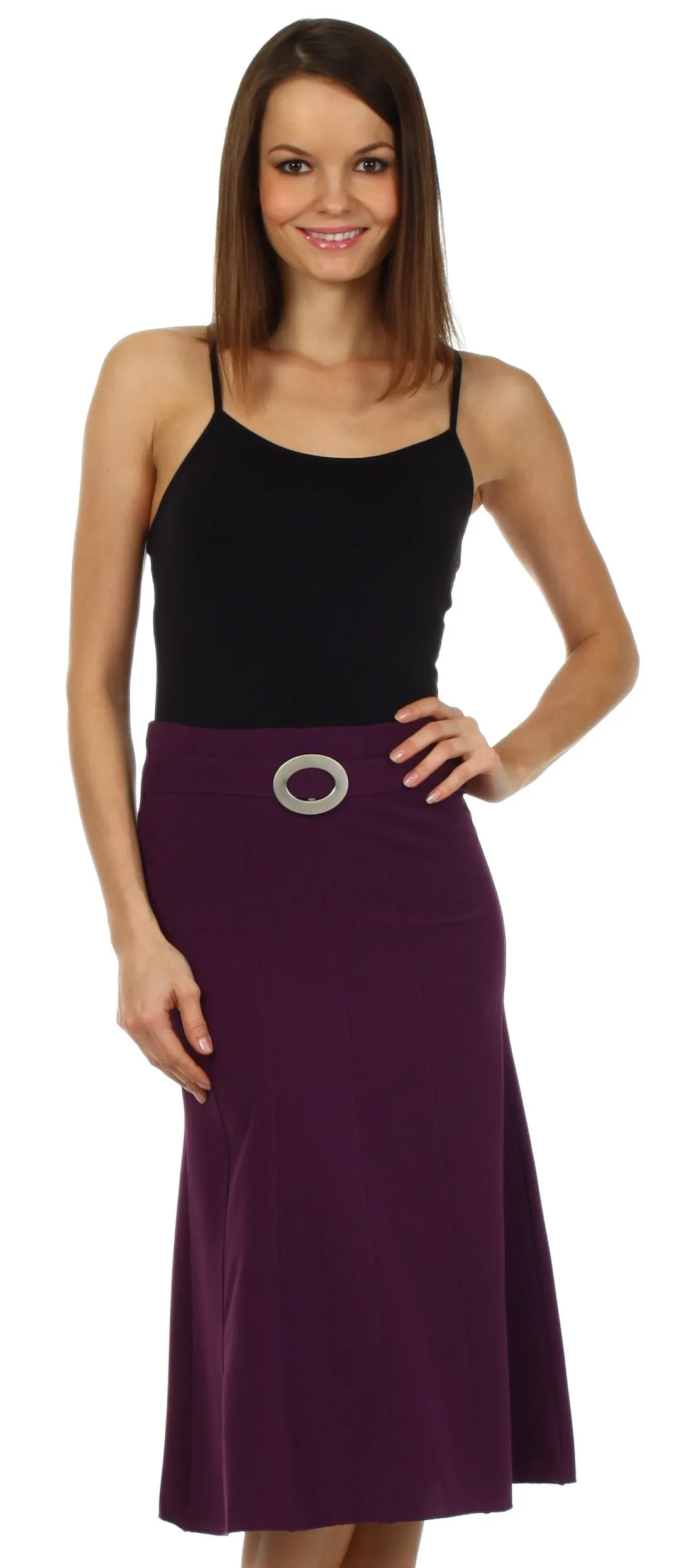 Knee Length Flared Skirt with Seaming and Belt Detail