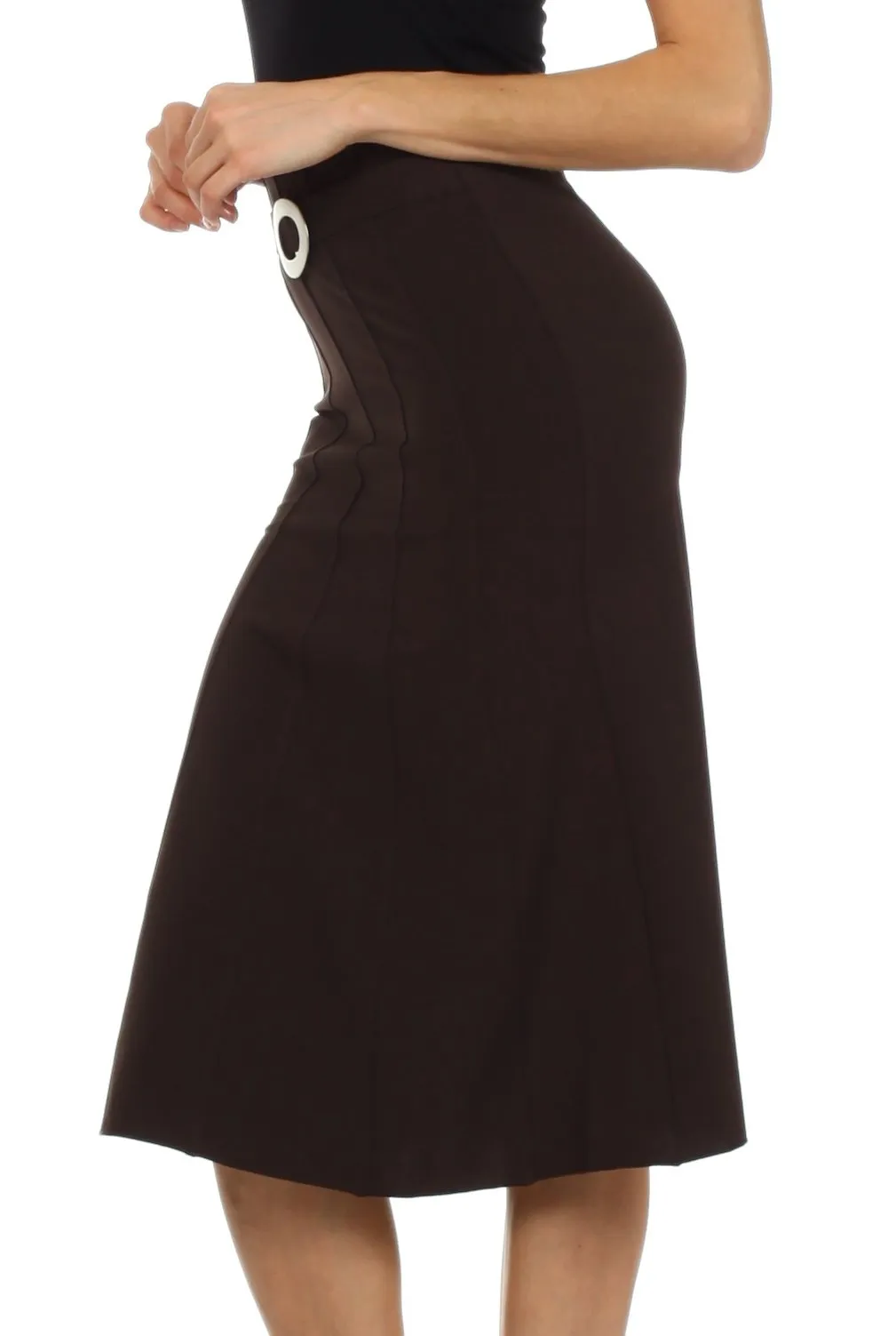 Knee Length Flared Skirt with Seaming and Belt Detail