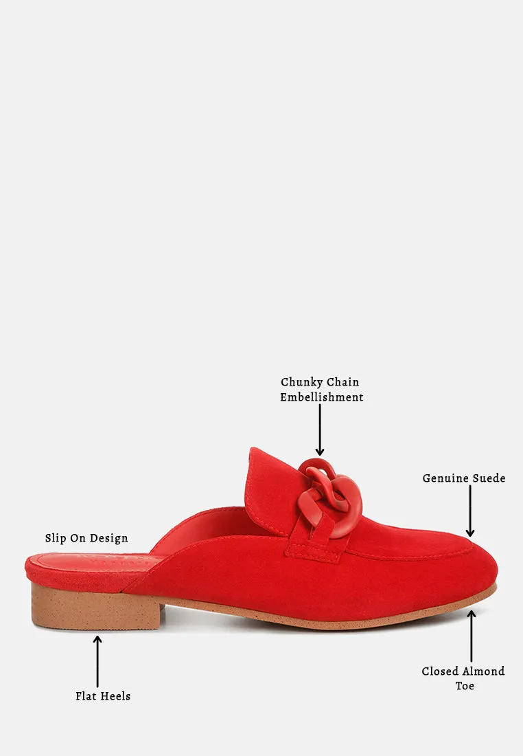 KRIZIA Chunky Chain Suede Slip On Mules in Red