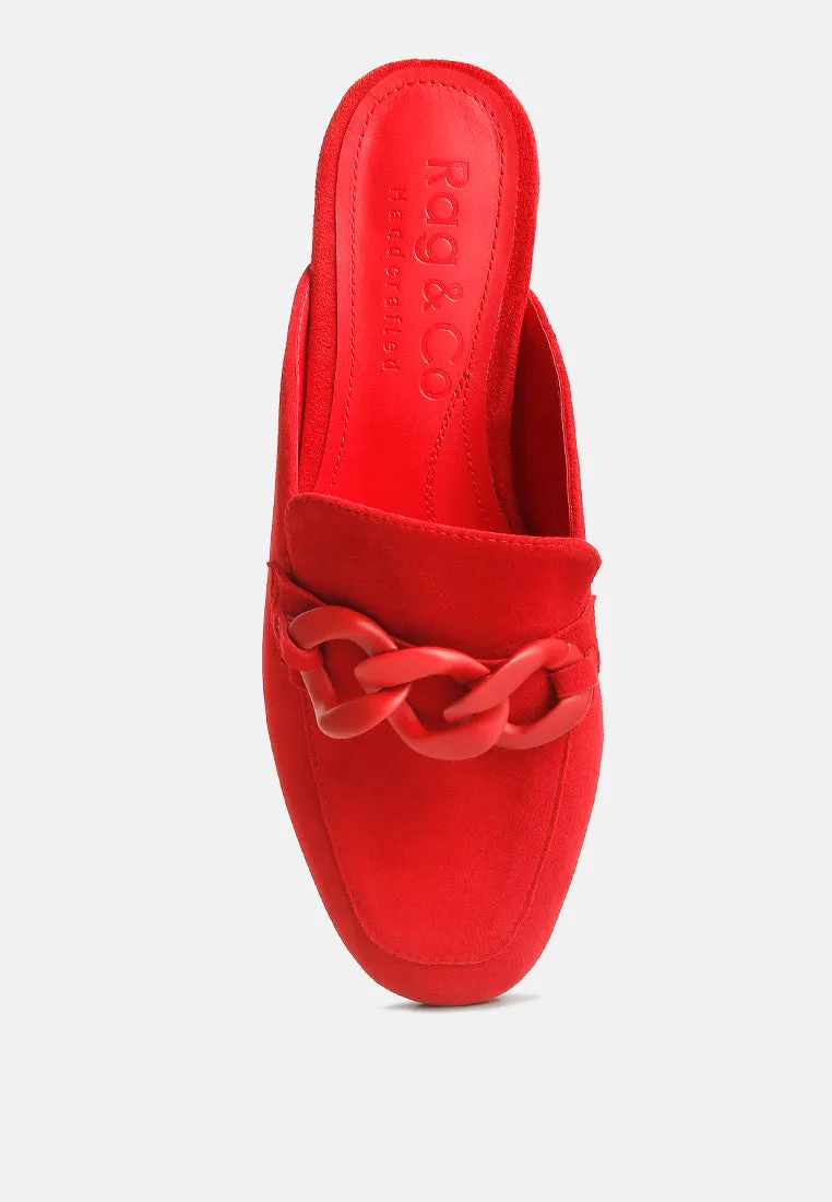 KRIZIA Chunky Chain Suede Slip On Mules in Red