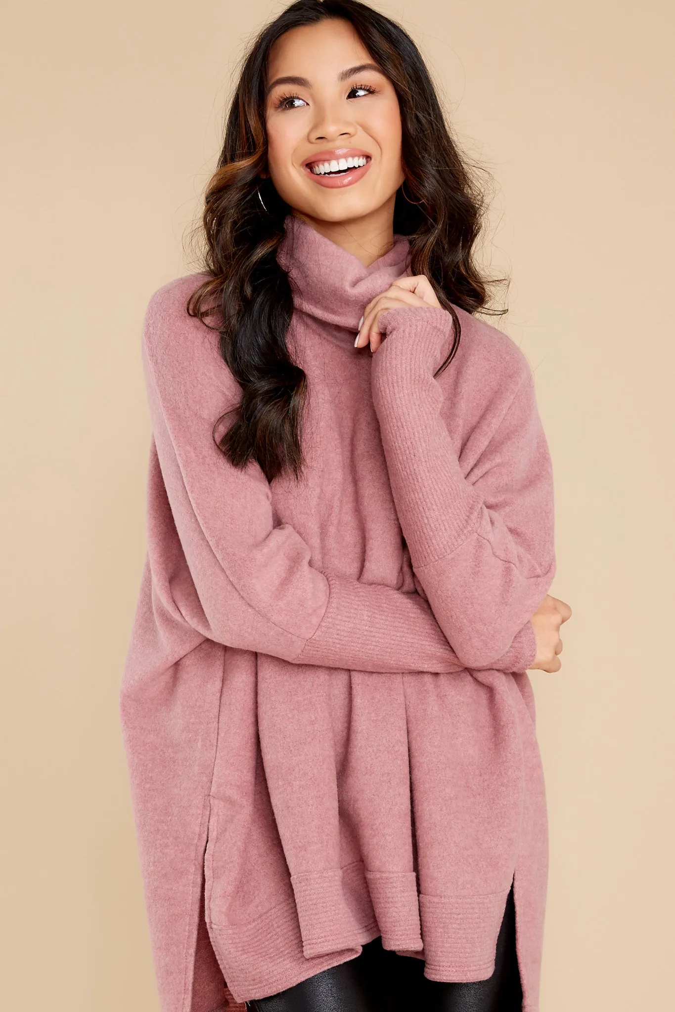 Last To Love Dusty Mauve Cowl Neck Sweater