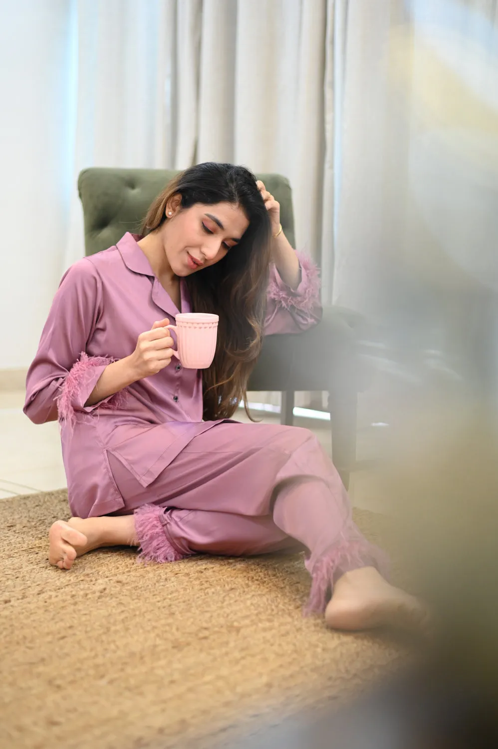 Lavender Pj set in Satin with Fur detail