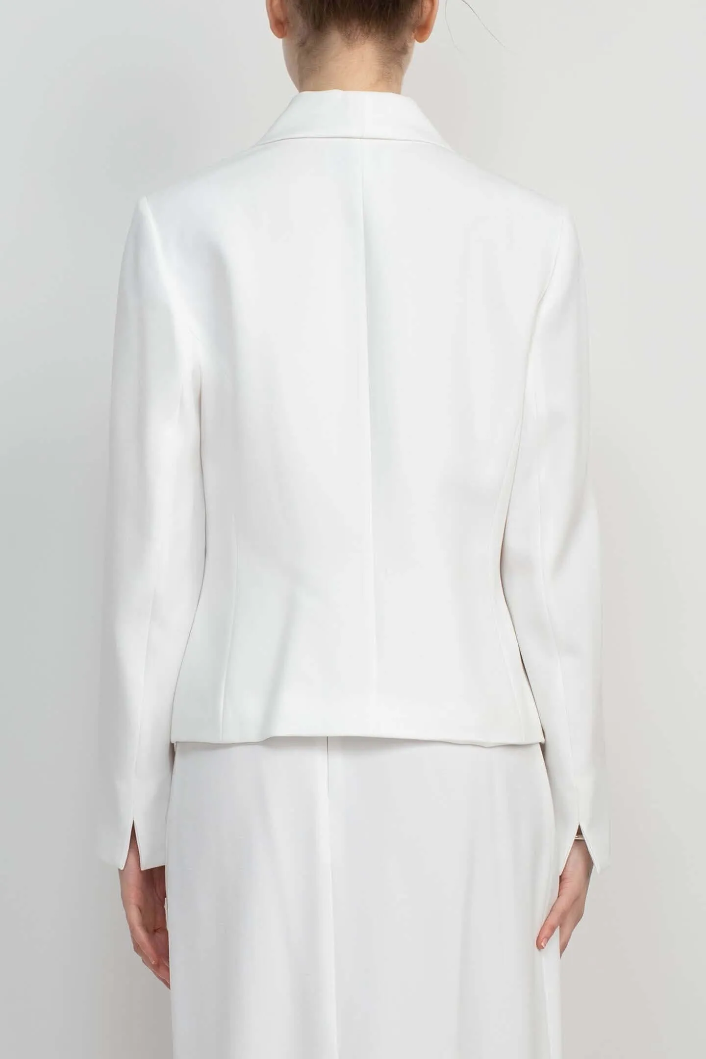 Le Suit Shawl Collar 2 Button Closure Crepe Jacket with Zipper Back Column Skirt  (Two Piece)