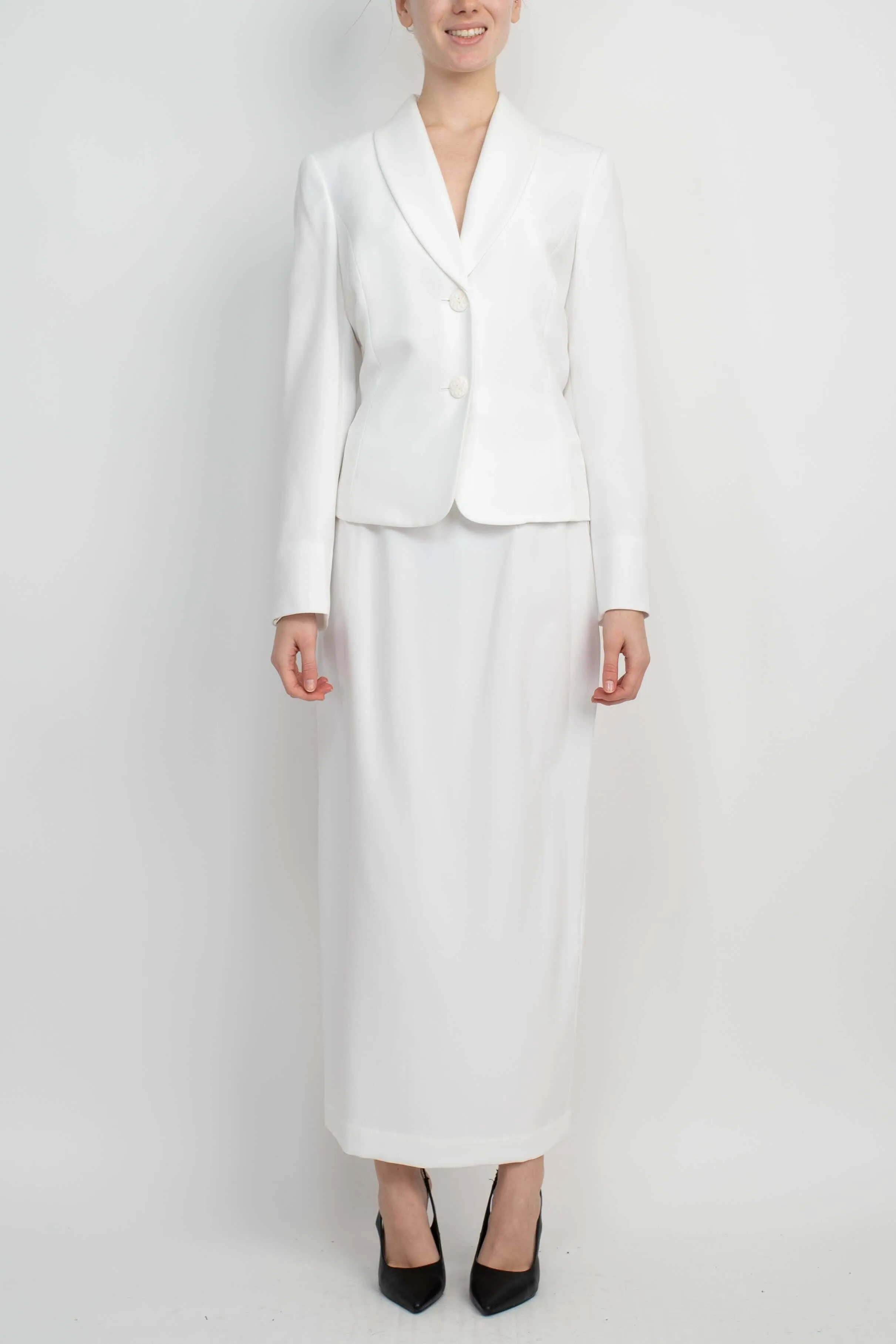 Le Suit Shawl Collar 2 Button Closure Crepe Jacket with Zipper Back Column Skirt  (Two Piece)