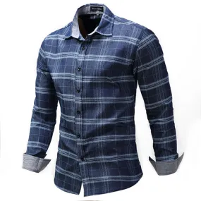 Long Sleeve Checked Shirt for Men Blue Pure Cotton Loose