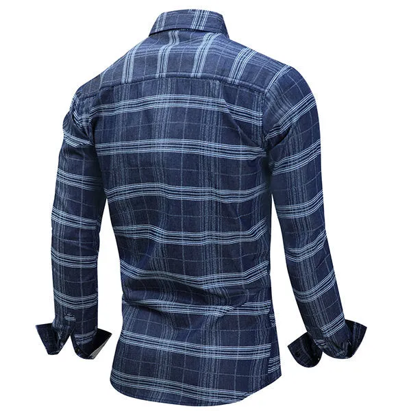 Long Sleeve Checked Shirt for Men Blue Pure Cotton Loose