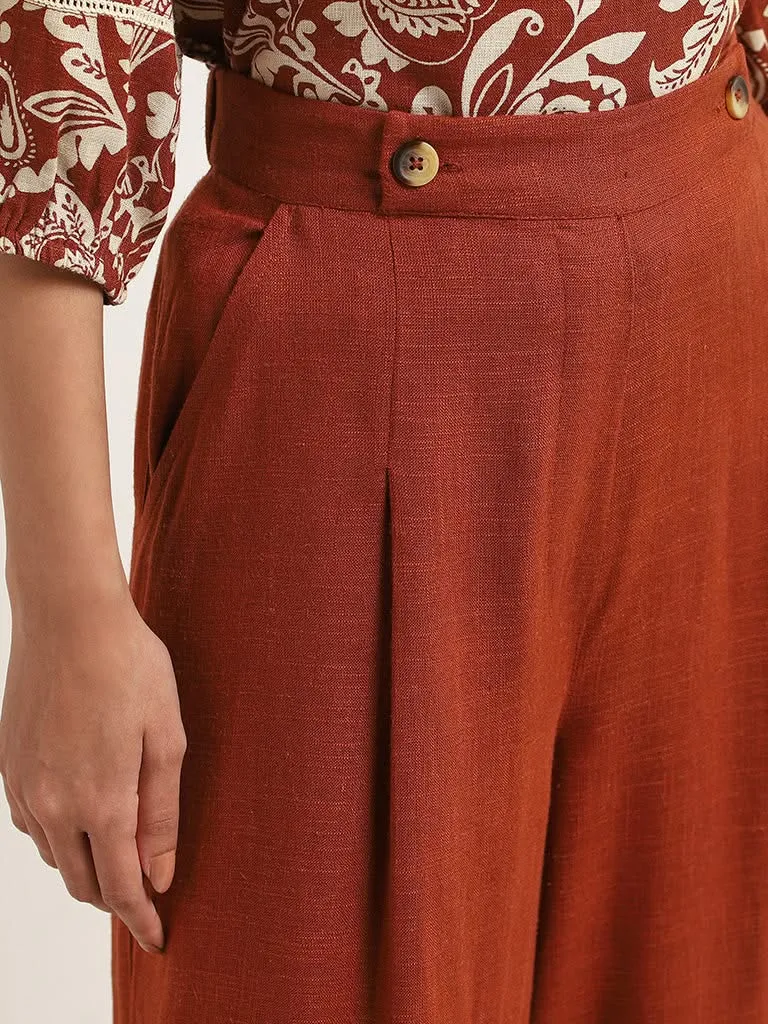 LOV Dark Rust Blended Linen Wide Leg Trousers