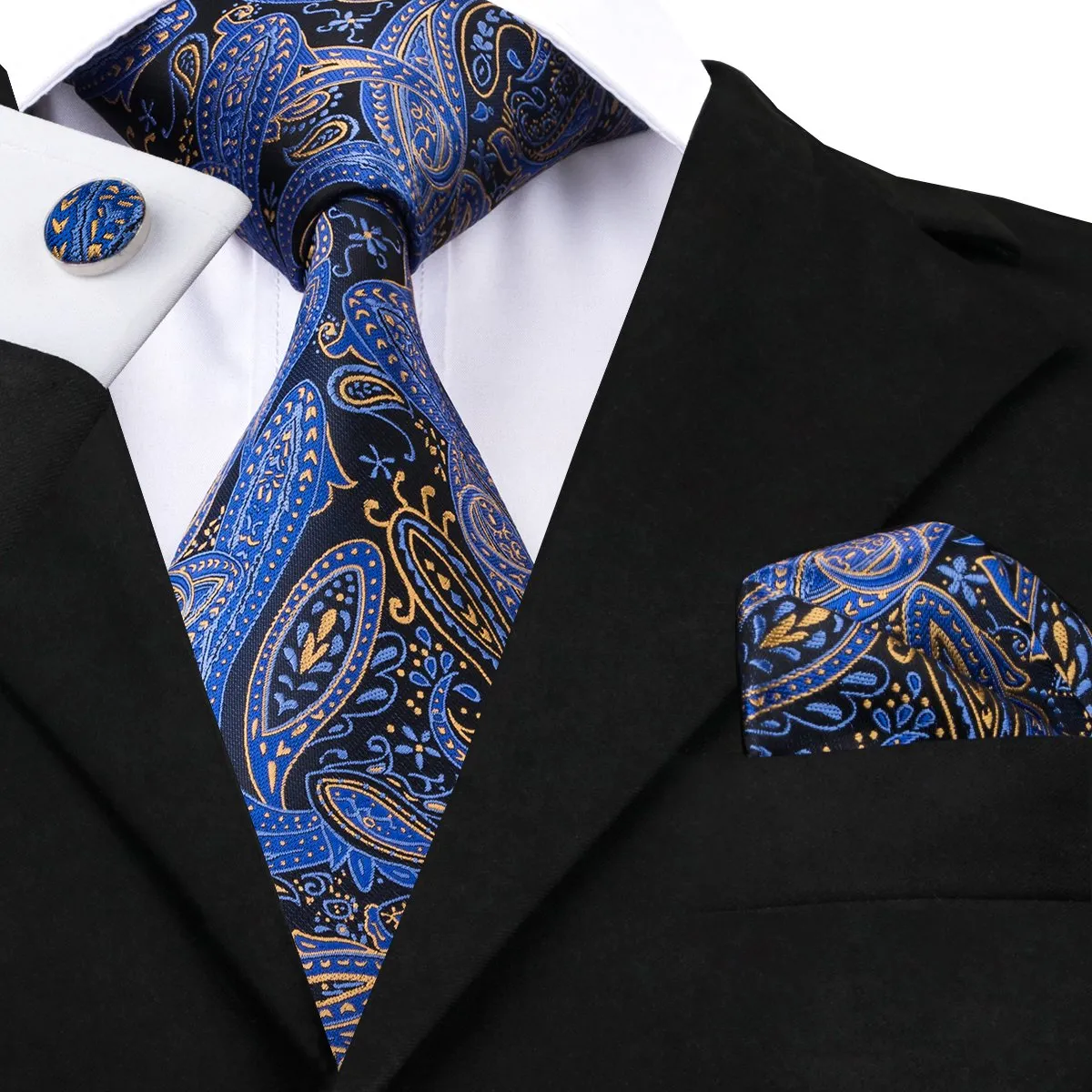 Luxury Blue Paisley Plaid Tie Pocket Square Cufflinks Gift Box Set