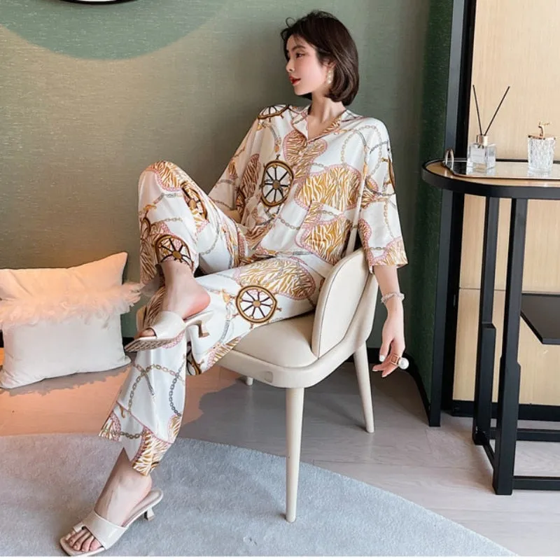 Luxury Spring Summer Pajamas Women's Printed Loose Cardigan Set Bat Sleeve Pants Home Suit Lightweight Homewear