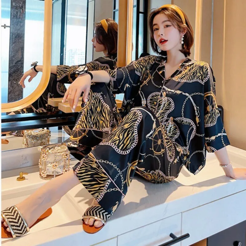 Luxury Spring Summer Pajamas Women's Printed Loose Cardigan Set Bat Sleeve Pants Home Suit Lightweight Homewear