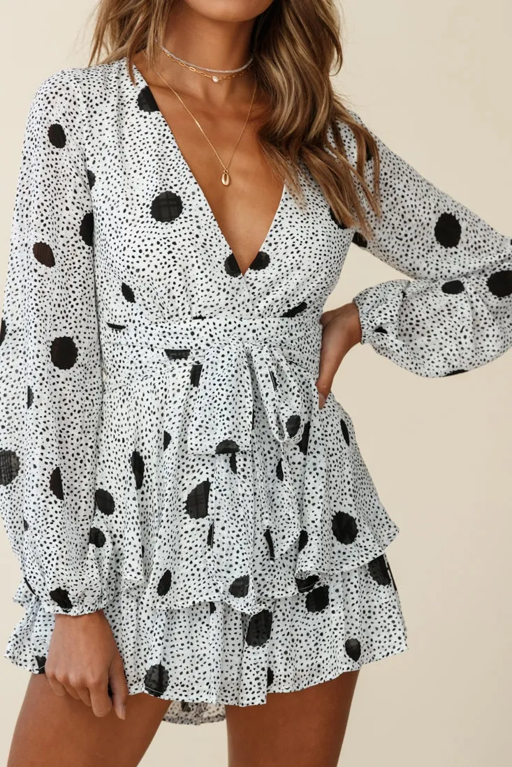 Maddox Fit & Flare Long Sleeve Romper Large Spot Print White