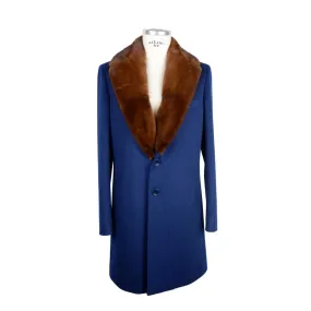 Made in Italy Blue Wool Men Jacket with Removable Mink Fur Collar