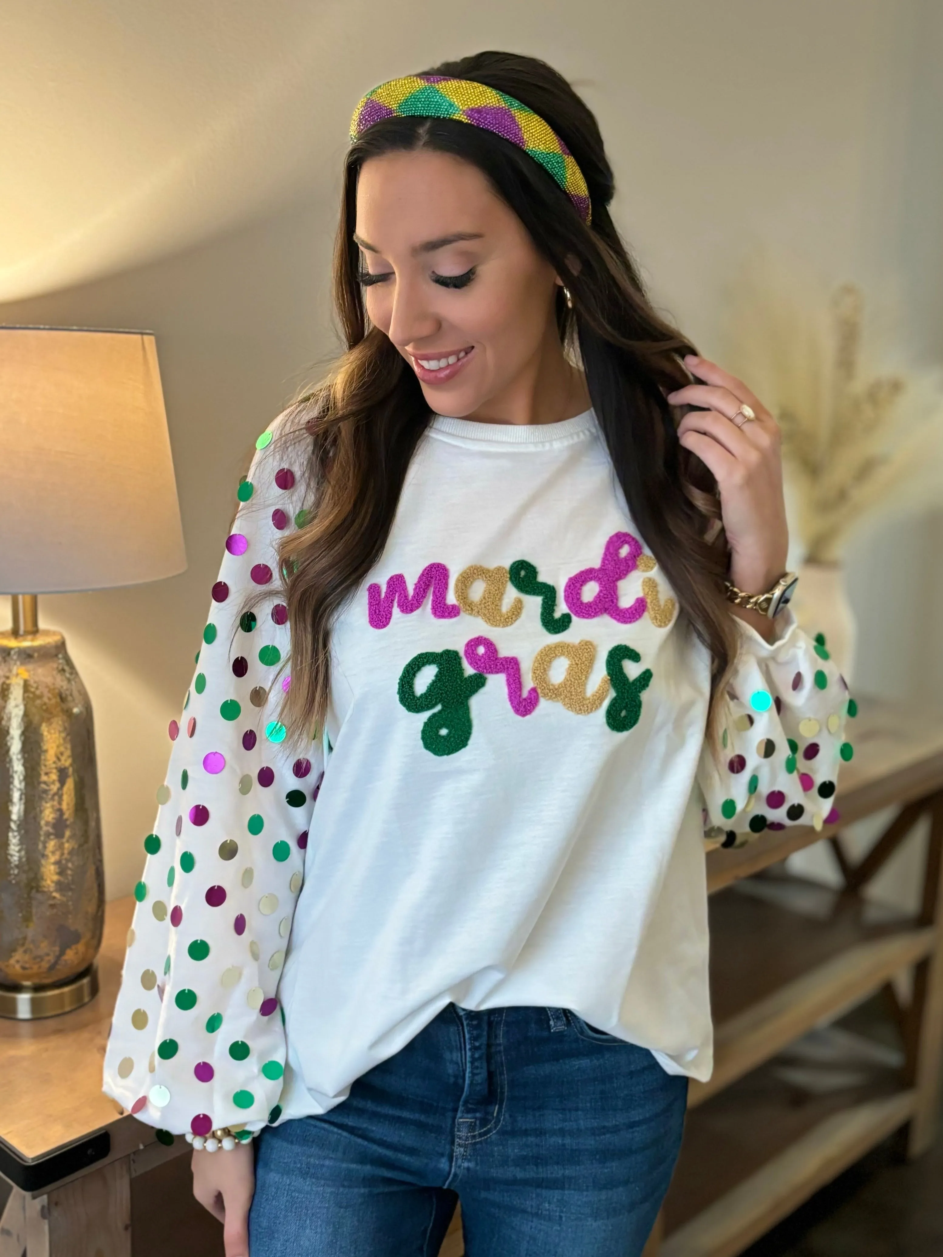 Mardi Gras Spangled Sleeve Sweater