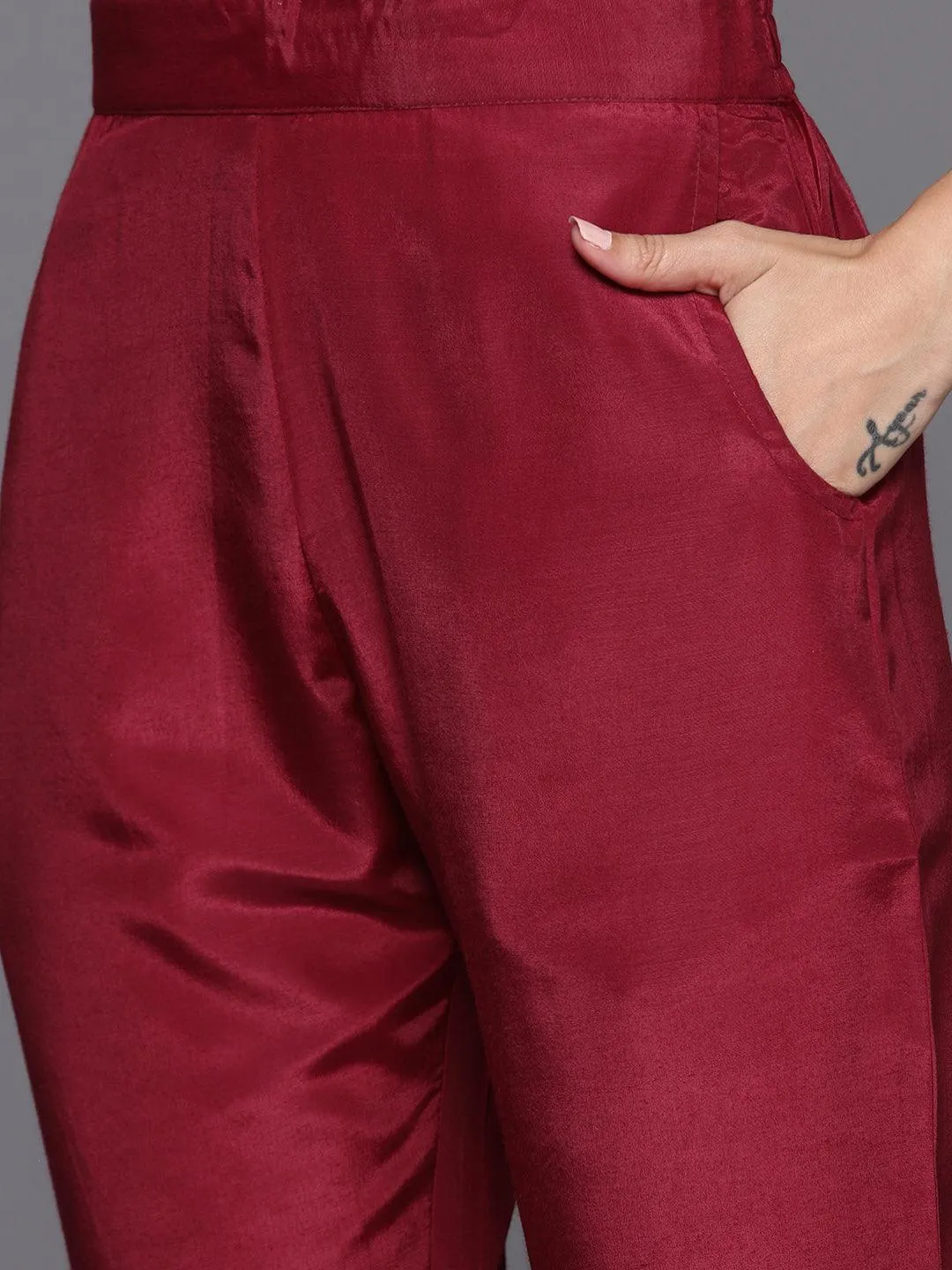 Maroon Embroidered Georgette A-Line Kurta With Trousers & Dupatta