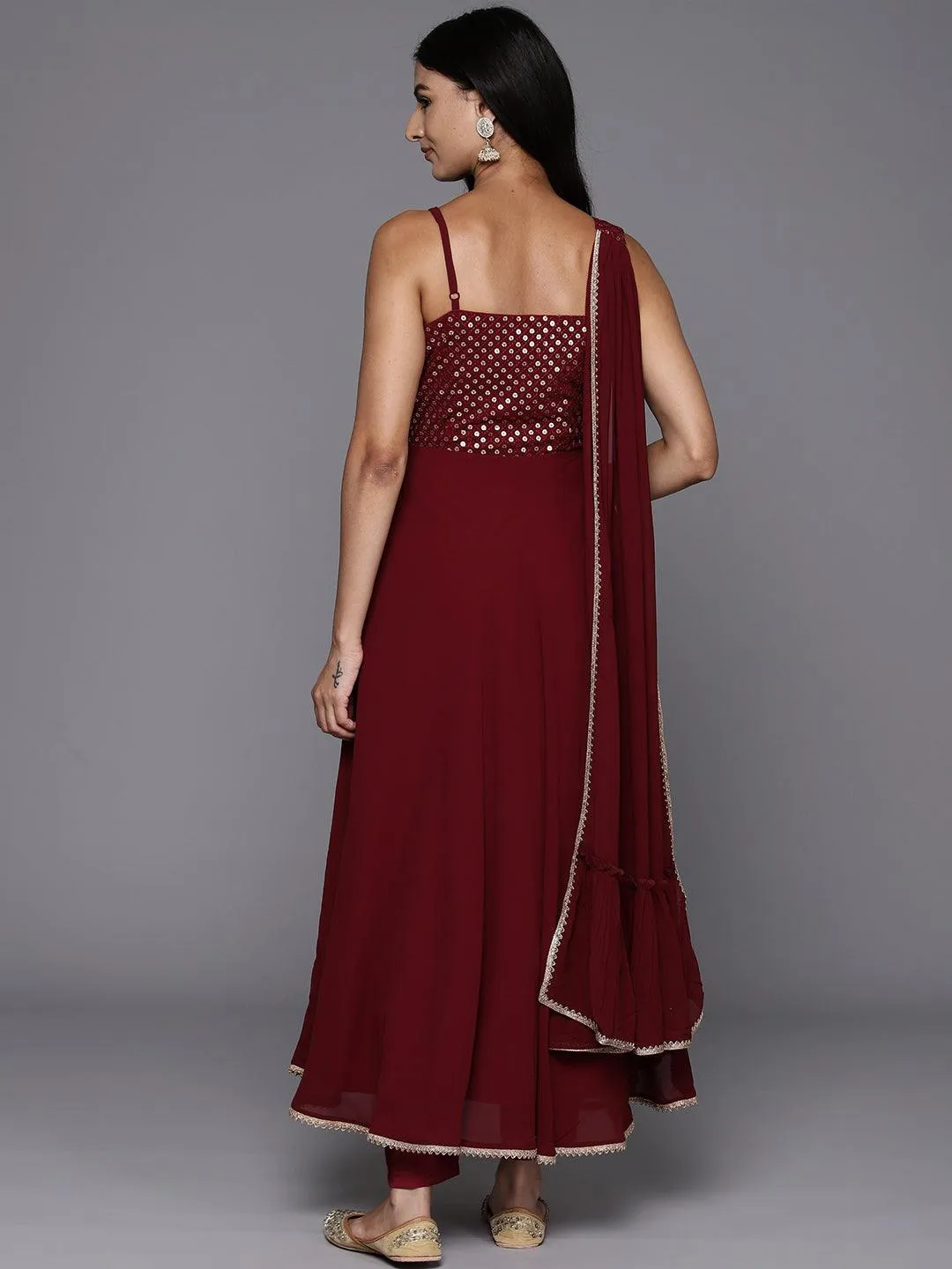 Maroon Embroidered Georgette A-Line Kurta With Trousers & Dupatta